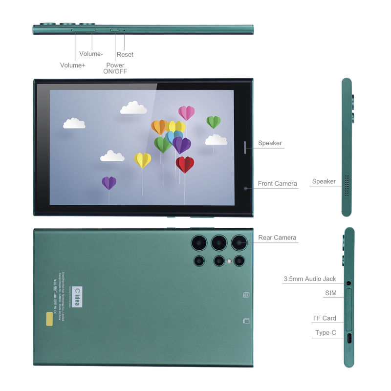 C idea 8 Inch Smart Tablet PC With Shockproof Case 128GB ROM 800x1280 IPS Touchscreen Display For Reading Green CM822