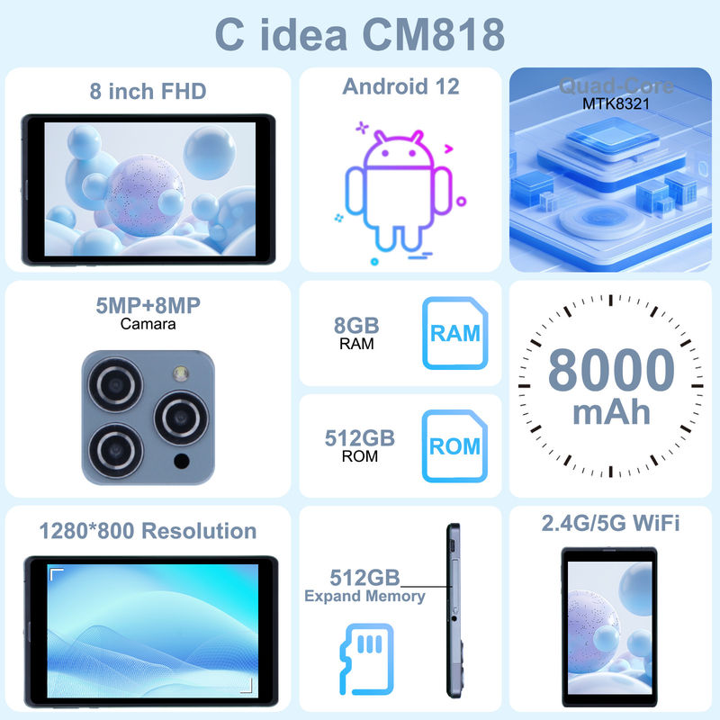 C idea Android Tablet PC Dual Camera 8 Inch 1280x800 IPS HD Display Android 12 Tablets for Student CM818-Grey