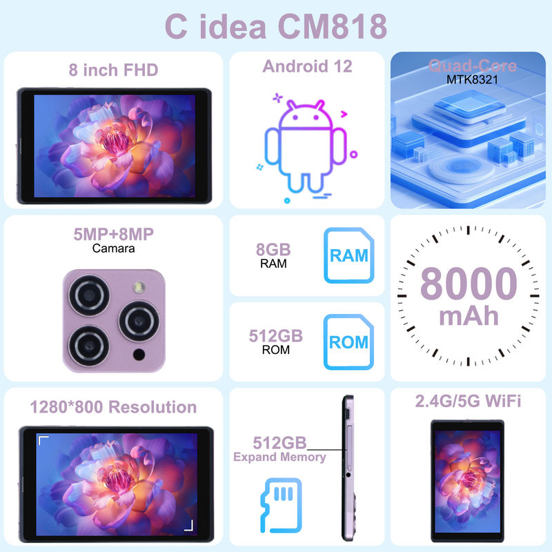 C Idea 8 Inch Android 12 Tablet 8000mAh Battery 5MP+8MP Camera 8GB RAM 512GB ROM For Education Learning CM818-pink