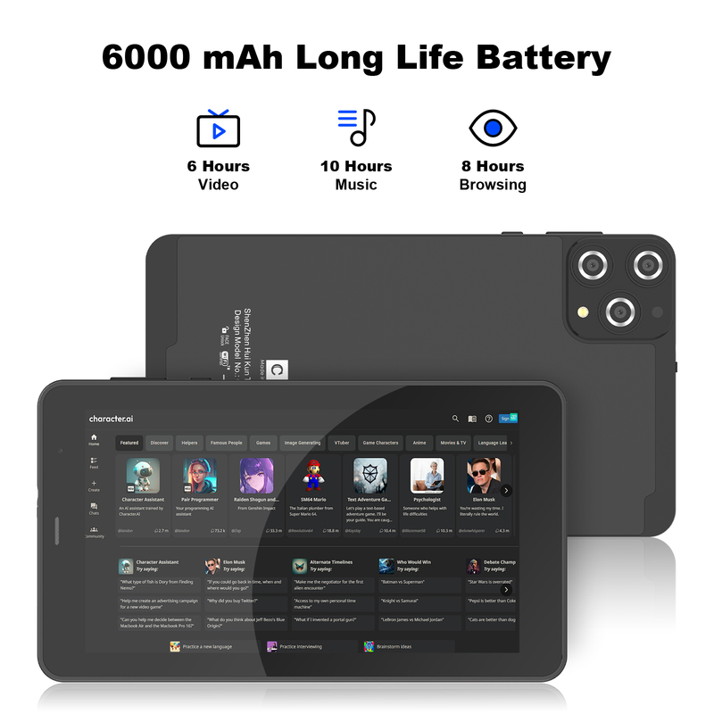 C idea 7 inch Wifi Tablet with Case 8+256GB Storage Quad Core Processor 600x1024 IPS Touchscreen CM516 black