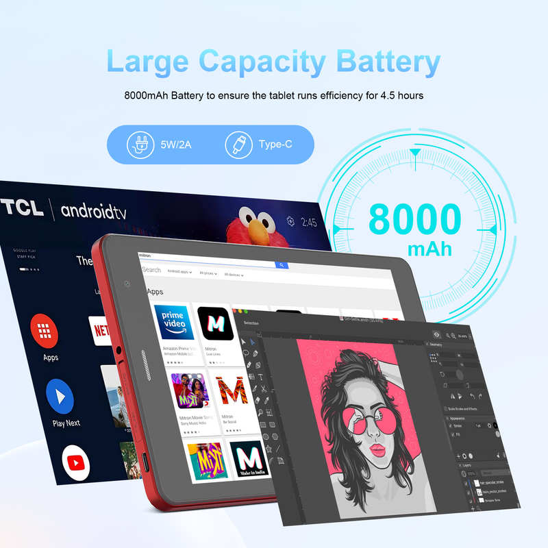 C idea 8 inch Wifi Tablet with 8+512GB Storage Quad Core Processor 800x1280 IPS Touchscreen red CM817 Pro
