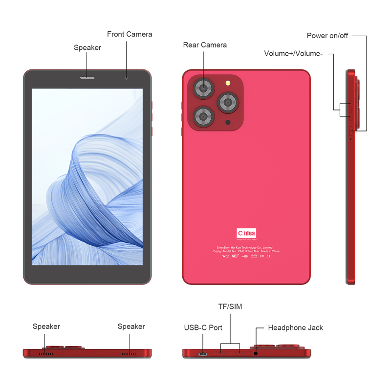 C idea 8 inch Wifi Tablet with 8+512GB Storage Quad Core Processor 800x1280 IPS Touchscreen red CM817 Pro