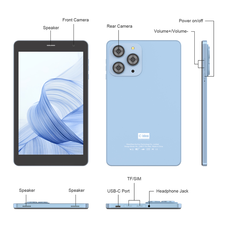 C idea 8 inch Wifi Tablet with 8+512GB Storage Quad Core Processor 800x1280 IPS Touchscreen blue CM817 Pro