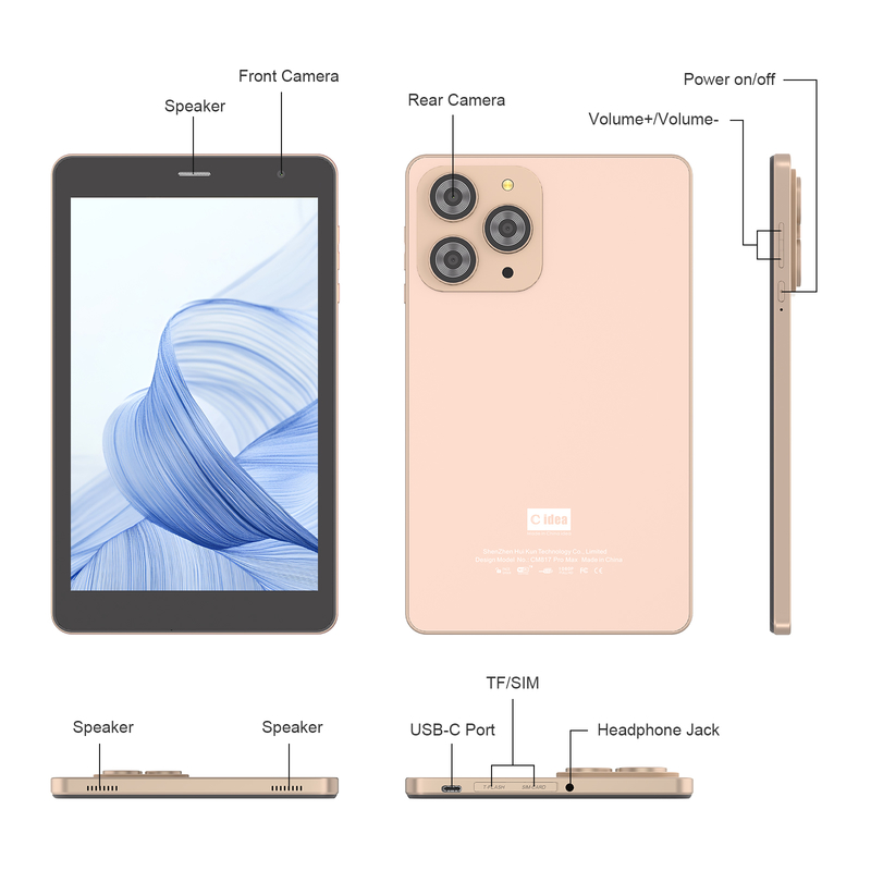 C idea 8 inch Wifi Tablet with 8+512GB Storage Quad Core Processor 800x1280 IPS Touchscreen golden CM817 Pro
