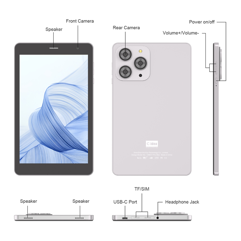 C idea 8 inch Wifi Tablet with 8+512GB Storage Quad Core Processor 800x1280 IPS Touchscreen sliver CM817 Pro