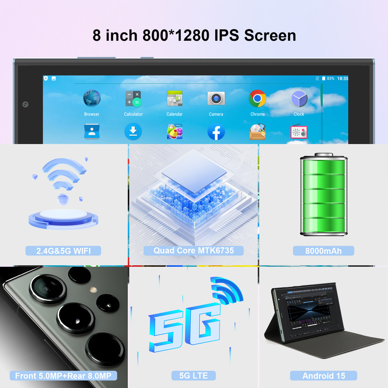 C idea 8 inch Wifi Tablet with 8+512GB Storage Quad Core Processor 800x1280 IPS Touchscreen blue CM824