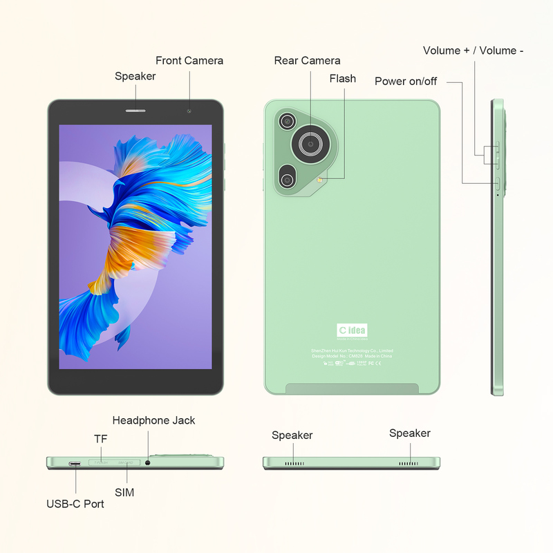 C idea Youth green 8 Inch Tablet Android 15 with tf card slot, WiFi,8GB +512GB, 800*1280 IPS incell CM828