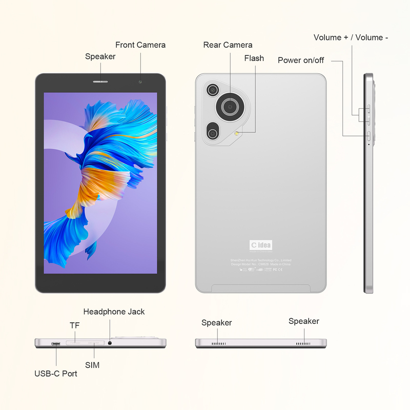 C idea Youth silver 8 Inch Tablet Android 15 with tf card slot, WiFi,8GB +512GB, 800*1280 IPS incell CM828