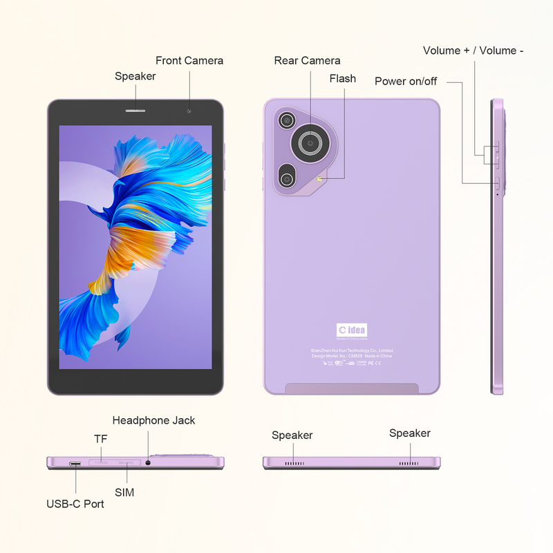 C idea Youth purple 8 Inch Tablet Android 15 with tf card slot, WiFi,8GB +512GB, 800*1280 IPS incell CM828